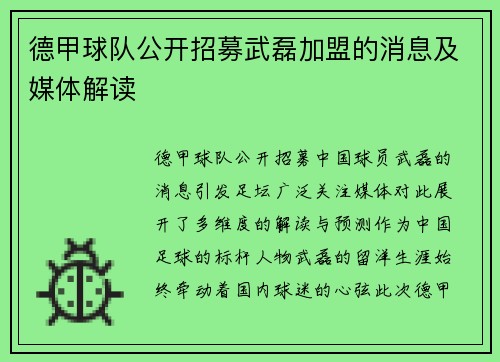 德甲球队公开招募武磊加盟的消息及媒体解读