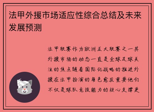 法甲外援市场适应性综合总结及未来发展预测